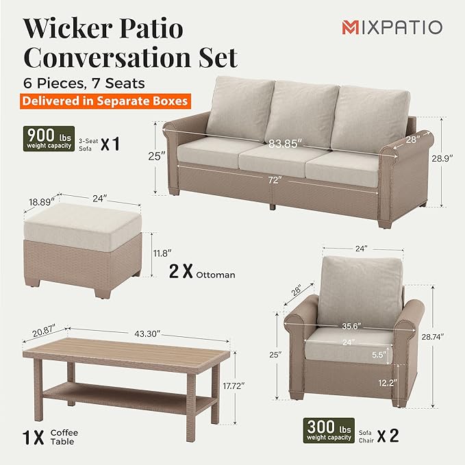Patio Furniture Set 6 pcs, Wicker Outdoor Patio Furniture, 3-Seat Sofa, 2 Single Chairs, 2 Ottomans and Coffee Table, Rattan Patio Conversation Set for Backyard Deck, Beige