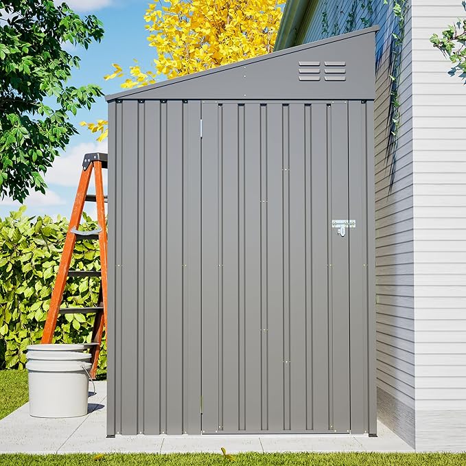 4x7 FT Outdoor Storage Shed Lean to Shed,Metal Shed W/Lockable Door & Air Vent,All Weather Waterproof Garden Tool House W/Reversible Installation,for Backyard,Patio,Lawn,Dark Gray