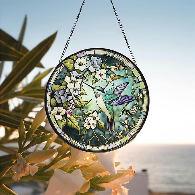 Stained Glass Sun Catcher,Fly HummingbirdStained Glass Window Hanging Garden Decor,Sun Catchers Indoor Window,Whimsical Decoration for Home Backyard Patio Lawn Porch with 6.3 INCH