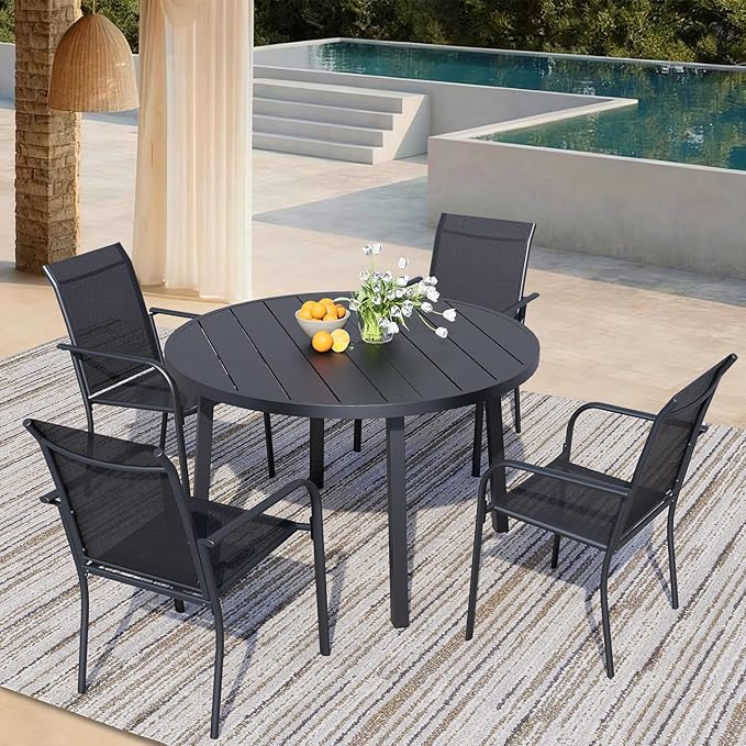 5 Pieces Patio Dining Set for 4, Black Patio Stackable Chairs and Black Round Table Set of 4, Outdoor Furniture Set with Sling Support for Outside, Garden