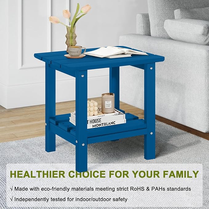 ABCPATIO Adirondack Outdoor Side Table, 2-Tier Small Patio End Table, Weather Resistant HDPE Outdoor End Tables for Garden, Lawn, Pool, Beach, Porch, Deck, Backyard - Square, Dark Blue