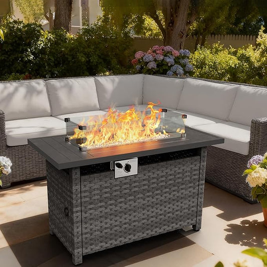Propane Fire Pit Table Outdoor, 44" 60000BTU Auto-Ignition Fire Pits Table with Wind Guard Square Large Wicker Propane Firepits for Porch Garden(Grey,CSA Certified)