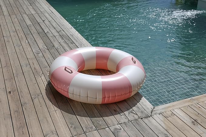 Large Swim Ring with Handles for Kids Adults, 35 Inch Classic Striped Pool Inner Tubes, Inflatable Pool Floats, Float Naked, Pool Floaties Adult Size for Summer Pool Party Beach Pink 1
