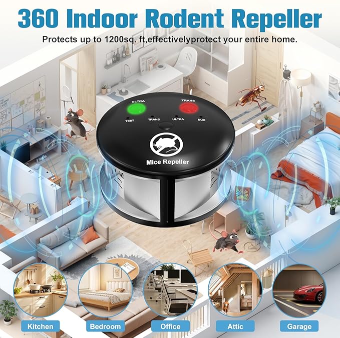 Ultrasonic Mouse Repellent Indoor, Electronic Rodent Repeller Plug-in, 360° Ultrasonic Electric Impulse Pest Control Device for Mice Rat Squirrel Roach Spider Ant Bug Bat,Family & Pet Safe