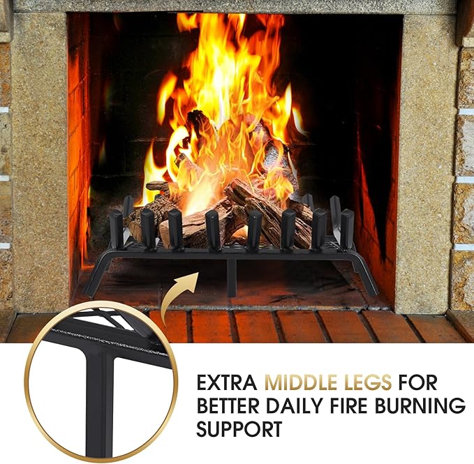 G GOOD GAIN Fireplace Grate with Ember Retainer, 28" Heavy Duty Steel Indoor, Chimney Hearth Wood Stove Rack Holder,1/2 Bar Fire Place Asseccories for Outdoor, Fire Pits, Camping.
