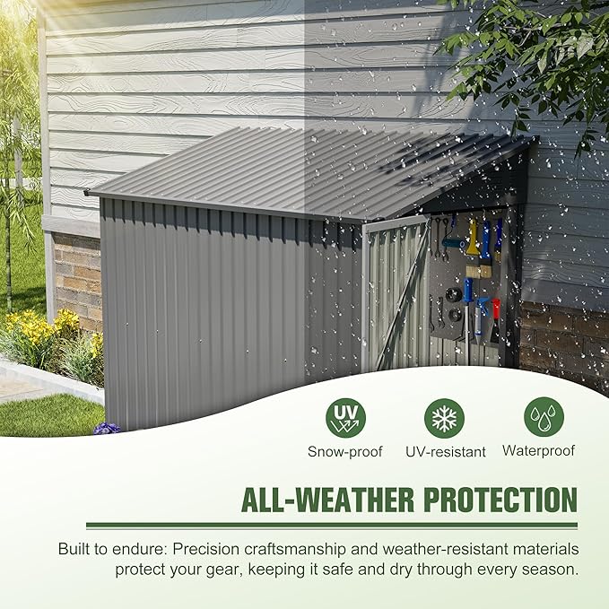 4x8 FT Lean to Metal Shed,Outdoor Storage Shed W/Floor Frame & Reversible Installation,All Weather Waterproof Garden Tool House W/Lockable Door & 2 Air Vents,for Backyard,Patio,Lawn,Gray