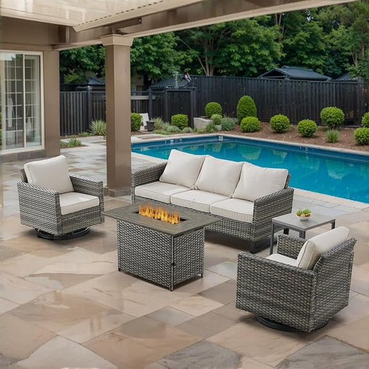 5 Piece Wicker Patio Furniture with Fire Pit Table - Outdoor Conversation Set with 50,000 BTU Fire Pit, All Weather Rattan Patio Set for Deck Backyard Garden - Grey Wicker Beige Cushion