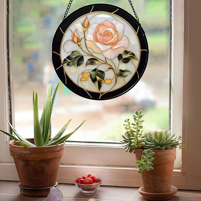 AMDERVEN Stained Glass Window Hanging - Black White Pink Rose Sun Catcher for Door Home Decor Flower Suncatcher Christmas Mother's Day Birthday Gifts for Women Men Lovers Mom Nana 7.8 in
