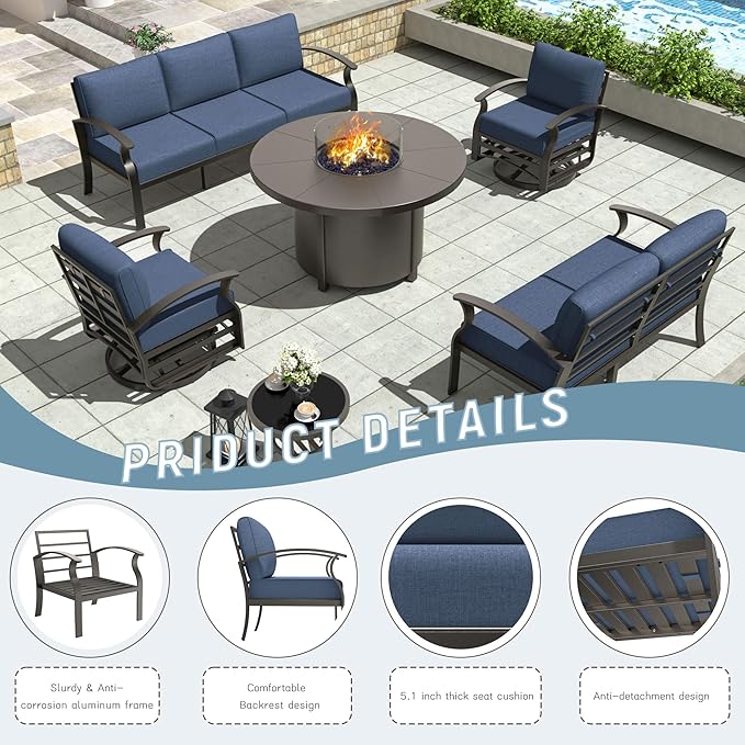 Aluminum Patio Furniture Set with Round Fire Pit Table, 7 Seats Outdoor Conversation Sets Modern Metal Patio Sectional Sofa with Upgrade Cushions for Patio, Backyard Navy