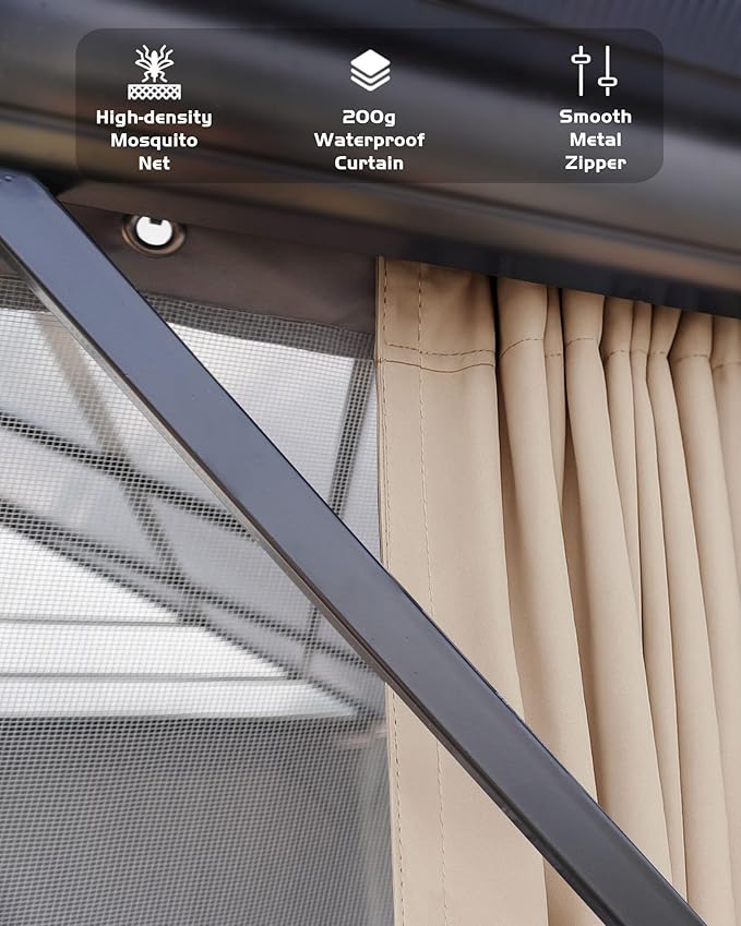 GarveeLife Hardtop Gazebo 12 ft x16 ft for All Weather, Double Polycarbonate Sheets Roof, Aluminum Alloy Frame, Net, and Curtain, Permanent Building for Patio, Deck, Backyard, Lawn, and Garden