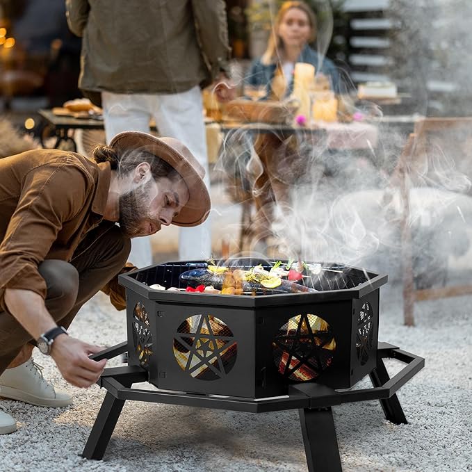 35 Inch Outdoor Fire Pit, Heavy Duty Wood Burning Firepits for Outside, Octagonal Metal Bonfire Fire Pits with Fire Poker for Camping, Backyard, Patio, Garden, Beach, Poolside, Picnic