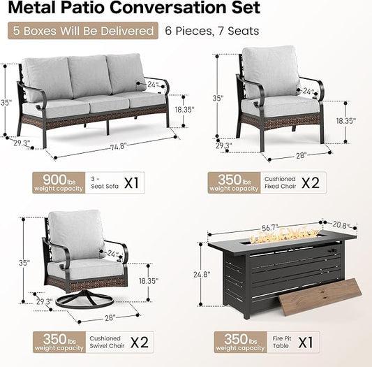 6 Piece Black Metal Outdoor Patio Furniture Set with Firepit Table, Patio Conversation Sets 1 3-Seater Sofa, 2 Leg Sofa & 2 Swivel Sofa with 5.75" Cushion for Backyard Deck, Light Gray
