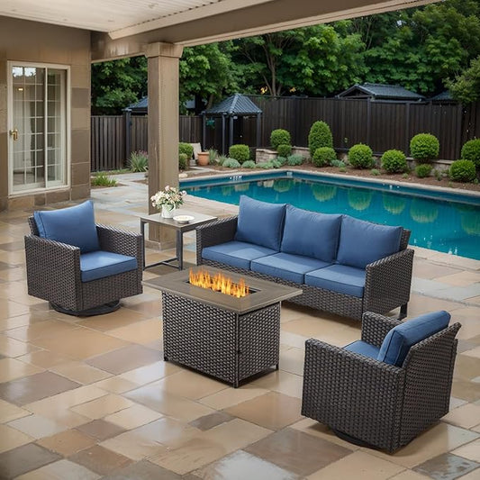 5 Piece Wicker Patio Furniture with Fire Pit Table - Outdoor Conversation Set with 50,000 BTU Fire Pit, All Weather Rattan Patio Set for Deck Backyard Garden - Brown Wicker Blue Cushion