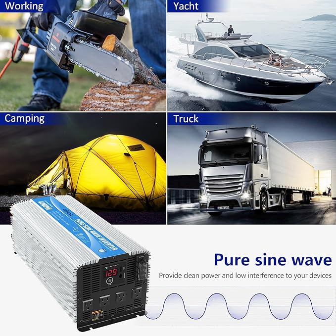 GIANDEL 4000W Pure Sine Wave Power Inverter ETL UL 458 STD Listed converts DC12V to AC120V with 40amps Hardwire Terminal Block 4 AC Outlets and 30ft Wired Remote Control
