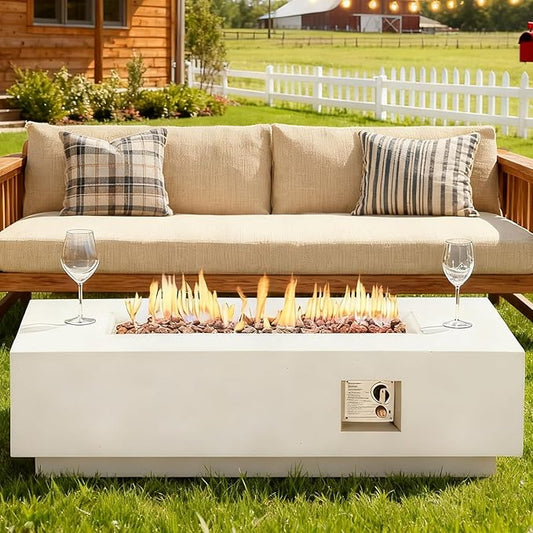 ECOTOUGE 56''Gas Fire Pit, Outdoor Propane Firepit Table w/Side Handles, Auto-Ignition Rectangle Steel Fire Table, 50,000 BTU Concrete fire Pit w/Weather-Resistant Pit Cover（White, No Tank Cover）