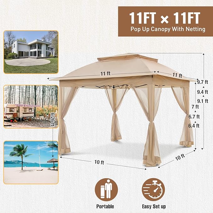 INTER HUT 11x11 Outdoor Pop up Gazebo Tent with Mesh Walls for Patio, Lawn, Backyard and Deck, Khaki
