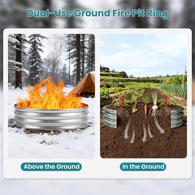 OLIXIS 5FT Round Fire Ring Pit, Outdoor Camp Firepit, Heavy Duty Galvanized Steel 60 Inch Foldable Outside Wood Burning Bonfire Fire Pit Ring for Camping, Backyard, Garden, Beach, Yard Gatherings