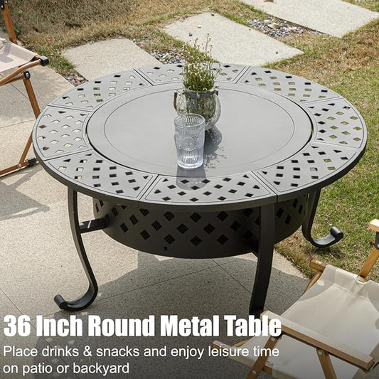 36 Inch Fire Pit with 2 BBQ Grills, Wood Burning Fire Pits for Outside with Lid & Fire Poker, BBQ& Outdoor Firepit & Round Metal Table 3 in 1 for Patio, Picnic, Party