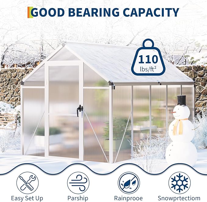 6 X 10 Greenhouse, Greenhouses for Outside, Polycarbonate Greenhouse with Aluminum Frame, Lockable Door and Ajustable Roof Vent for Backyard, Green Houses for Outside Garden Backyard, Patio
