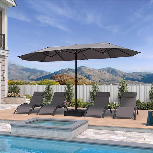 PURPLE LEAF 14ft Patio Market Umbrella with Base Double-Sided Rectangle Outdoor Table Sun Umbrellas with Crank 12 Heavy Duty Sturdy Ribs for Pool Beach Deck Backyard Gray