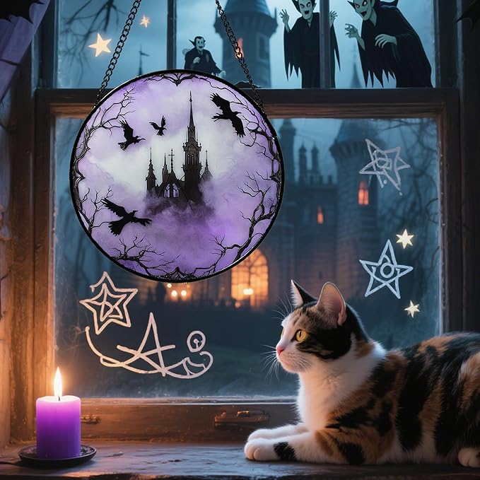CRISGIF Stained Glass Window Hanging - Halloween Gothic Castle Purple Smoke Suncatcher for Doors Garden Home Spooky Crow Sun Catchers Gothic Decor Horror Gift for Women Men Friend Boy Girl 6.3 in