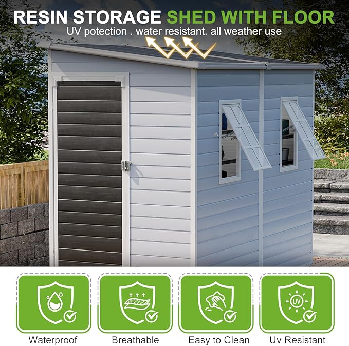 4x8 FT Plastic Storage Sheds Outdoor with Floor and Openable Window, Lean to Resin Shed Easy to Install, Compact Sheds & Outdoor Storage/Tool Shed for Garden & Backyard, Gray