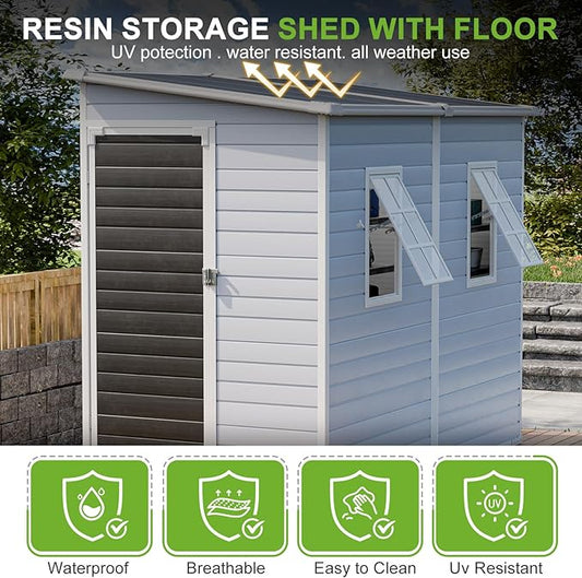 4x8 FT Plastic Storage Sheds Outdoor with Floor and Openable Window, Lean to Resin Shed Easy to Install, Compact Sheds & Outdoor Storage/Tool Shed for Garden & Backyard, Gray