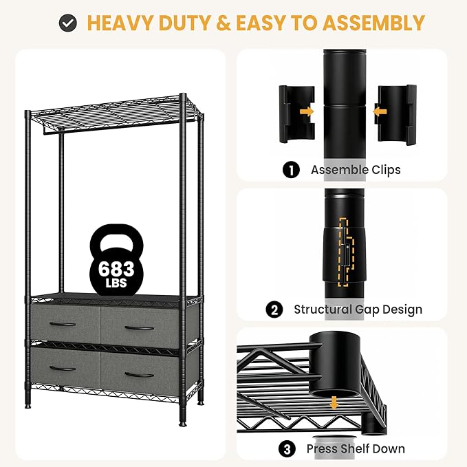 Heavy Duty Clothes Rack With 4 Fabric Drawers and Adjustable Shelves, Freestanding Clothing Rack with Hanging Rod for Hanging Clothes, 71.5" H x 35.2" W x 15.4" D