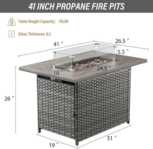 Belord 50000 BTU Propane Fire Pit Table with Lid and Lava Rock, 41 inch Rectangular Outdoor Firepit Wicker Furniture, Fireplace Table Perfect for Relaxed Outside Patio Backyard Ambiance, Gray