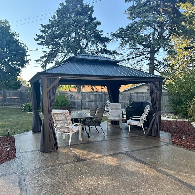 PURPLE LEAF 11' X 14' Hardtop Gazebo with Galvanized Steel Double Roof Outdoor Gazebo for Patio Lawn and Garden Curtains and Netting Included Grey