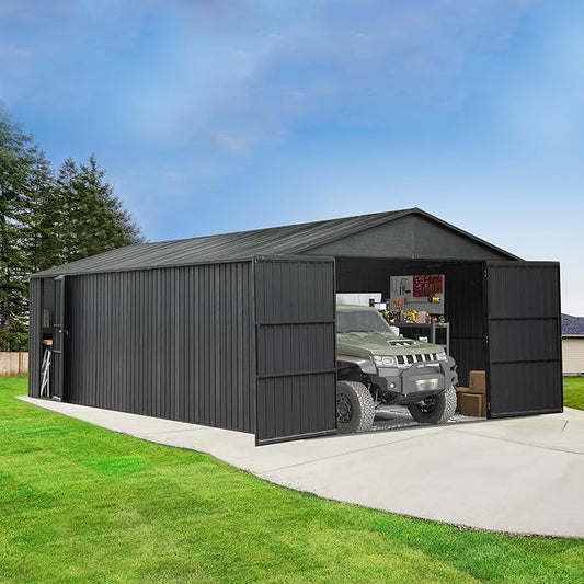 Domi 12'x25' Heavy Duty Garage Shed, Outdoor Metal Steel Carport with Lockable Double, Side Doors, 80MPH Wind and Snow Resistant Enclosed Storage for Cars, Trucks, Motorcycles, Tools, Dark Grey
