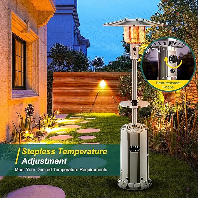 48000BTU Outdoor Propane Patio Heater with Wheels, Triple Safety Protection, Stainless Steel Burner, Includes Round Table for Porch, Camping, Backyard Use, Silver
