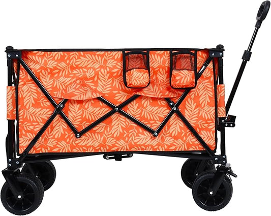 Collapsible Foldable Extended Wagon with 480lbs Weight Capacity, Heavy Duty Folding Utility Garden Cart with Big All-Terrain Beach Wheels & Drink Holders,Side Pocket and Brakes for Camping Sports