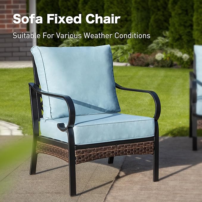 4 Piece Black Metal Outdoor Patio Furniture Sets with Firepit Table, Patio Conversation Sets 1 3-Seater Sofa, 2 Single Sofa with 5.75" Thick Cushion Backyard Furniture for Deck, Blue