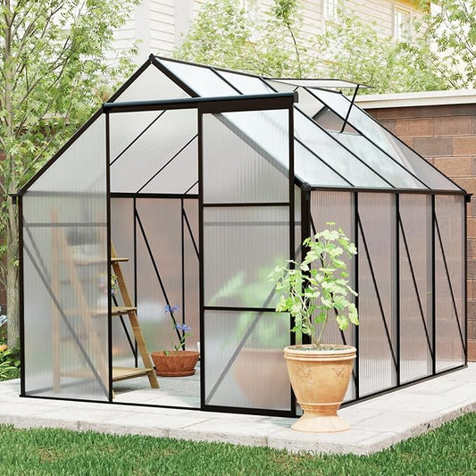 6×8 FT Black Polycarbonate Walk-in Greenhouse for Outdoor Backyard, Heavy-Duty Aluminum Frame with Sliding Door, Gutter System & Adjustable Roof Vent, Green House for Winter Gardening