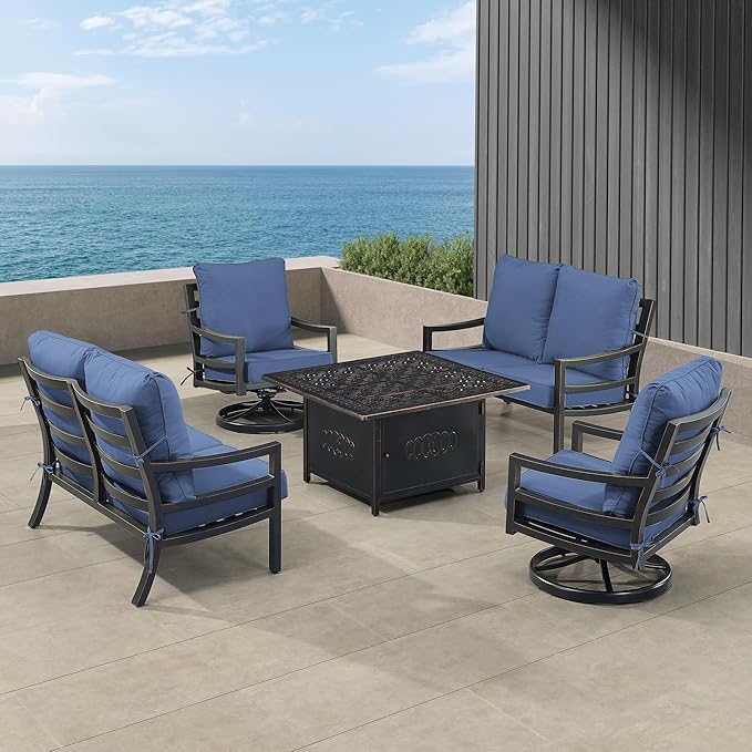 Oakland Living Black Aluminum Patio Fire Table Set with Two Deep Seating Loveseat with Cushions and Two Club Chairs with Blue Cushions
