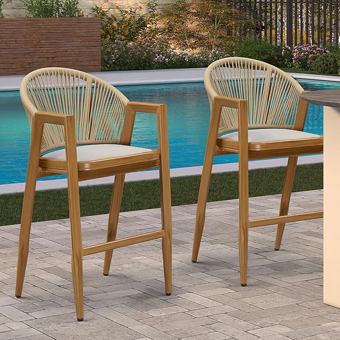 PURPLE LEAF Outdoor Barstools Set of 2 Wicker Bar Stools Woven Bar Height Stool Bar Chairs Aluminum Bar Stools with Back for Patio Island Lawn Kitchen Teak