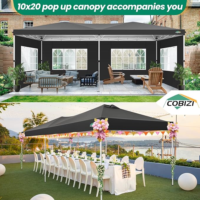 COBIZI Canopy 10x20 Pop Up Canopy Tent with 6 Sidewalls, One Push Party Tents for Parties Outdoor Wedding Waterproof Gazebo Commercial Event Tent with Sandbags, Black