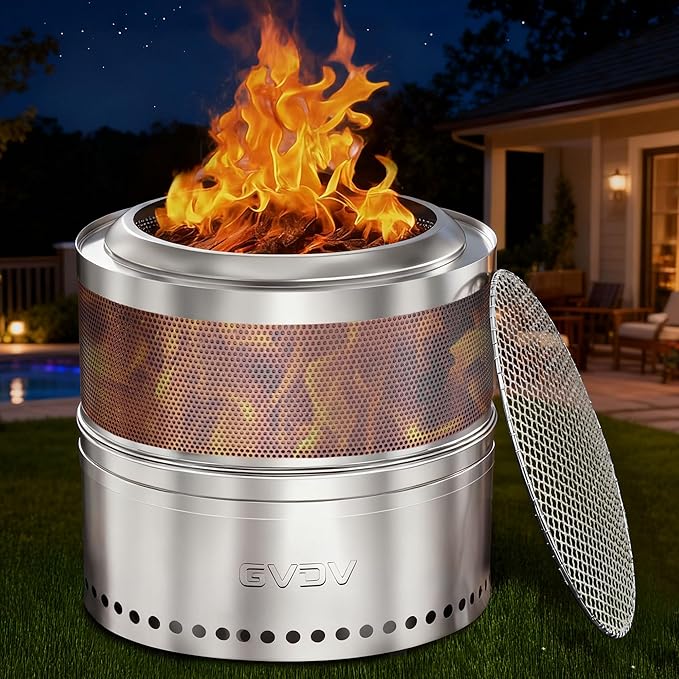 GVDV Smokeless Firepit, 20 Inch Outdoor Fire Pit with Grill & Removable Ash Pan, Hollow-Carved Design, Camping Fire pits for Outside Wood Burning, Portable Bonfire Stove with Carry Bag