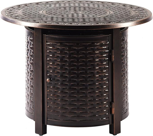 Aluminum 37,0000 BTU 34 in. Round Propane Black Fire Pit Table with Fire Beads, Lid, Propane Tank Cover and Table Fabric Covers in Copper Finish