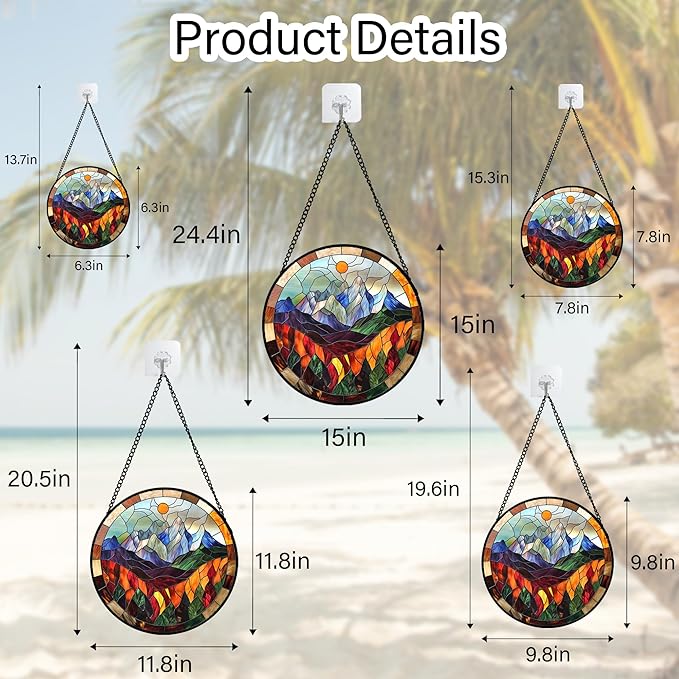 QZQCBLC Stained Glass Window Hanging Orange Sun Colorful Mountains Landscape 7.8" - Suncatcher Door Garden Sun Catcher Home Decor Birthday Christmas for Mom Men Woman Friend