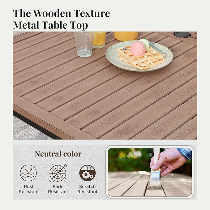 7 Pieces Patio Table and Chairs Set, Patio Dining Set for 6, 6 Textilene Chairs and 1 Wood-Like Rectangle Steel Table with Umbrella Hole, for Deck Backyard Lawn Poolside, Red