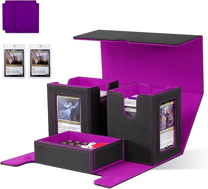 ZLCA Card Deck Box with Commander window Display, MTG Deck Box with Dice Tray Holds 200+ Double-Sleered Cards,Card Storage Case fit for YuGiOh,MTG,Sport (Black&Purple)