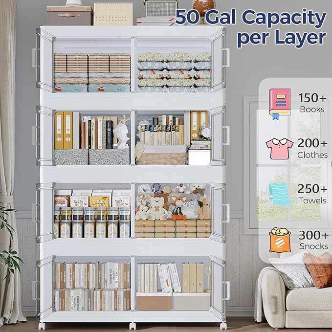 250Gal Stackable Storage Bins with Lid, 1000Qt Extra Large Collapsible Storage Box with Wheels, Dividers, Folding Plastic Cabinet Closet Organizers for Home Kitchen Office Dorm, 5Pack White