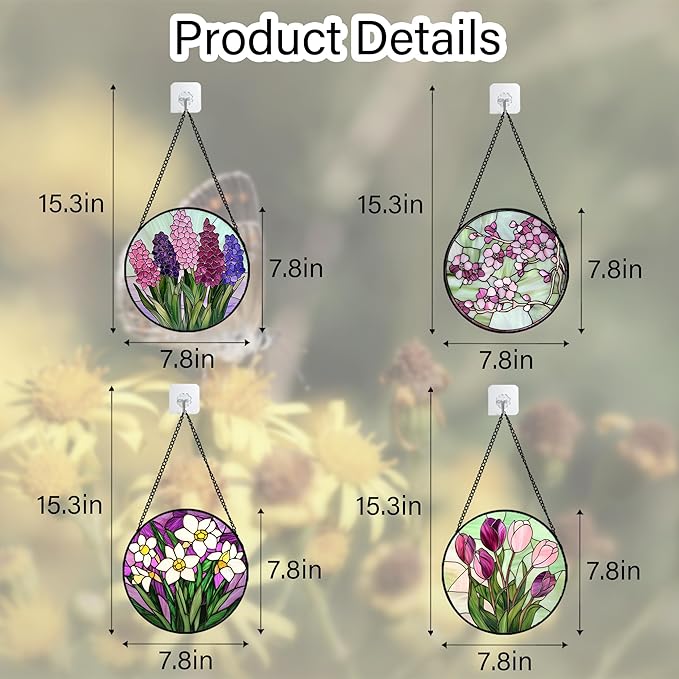 AMDERVEN Stained Glass Window Hanging 4 Pcs Set Tulips Plum Flower Daffodils Hyacinths 7.8" - Suncatcher Door Garden Sun Catcher Decor Birthday Mother's Day for Mom Woman Nana