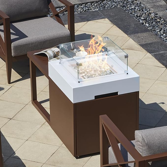 22" Aluminum Fire Pit Table, 37,000 BTU Gas Firepit for Outdoor Patio Deck and Garden, CSA Certified Fire Pit with Lid, Waterproof Cover, Glass Wind Guard and Glass Stone, Brown