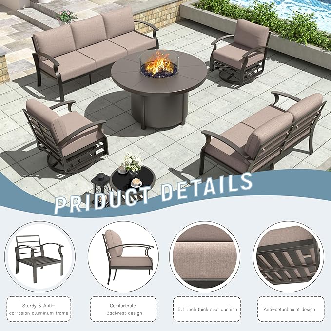 Aluminum Patio Furniture Set with Round Fire Pit Table, 7 Seats Outdoor Conversation Sets Modern Metal Patio Sectional Sofa with Upgrade Cushions for Patio, Backyard Sand