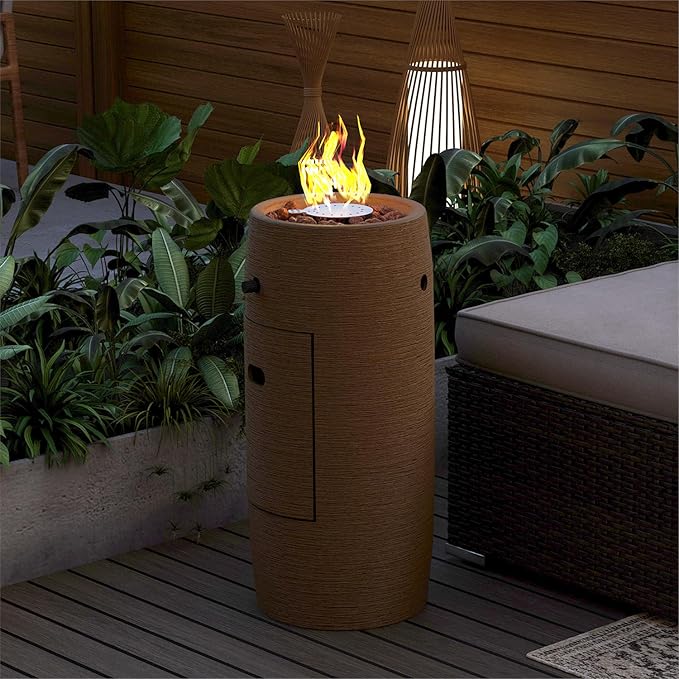 SUNBURY Outdoor Propane Fire Pit, 11" Propane Fire Column, Patio Gas Fire Pit 15,000 BTU Small Firepit Table for Outside w Lava Rocks (Brown)