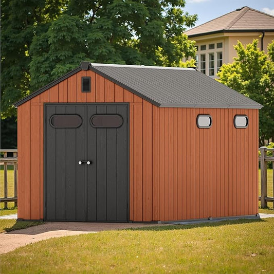 CRESTLIVE 8x12 FT Rust-Resistant Plastic Outdoor Storage Shed, Waterproof Resin Garden Shed with Floor, Doors, Skylight & Vent for Lawn Tools & Bikes
