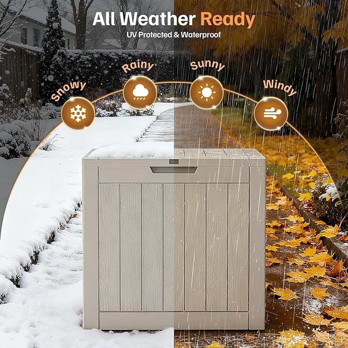 31 Gallon Deck Box, Small Outdoor Storage Box Waterproof, Outside Resin Storage Bin for Outdoor Patio Furniture Pillow, Pool Supply, Garden Tool, UV-Resistant and Weatherproof, Light Brown